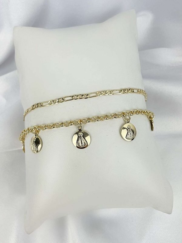 Pulseira Feminina Dupla Pingente Nossa Senhora Semijoia Ouro 18K