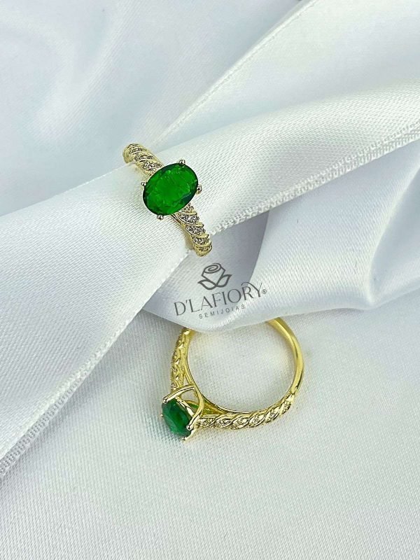 Anel Feminino Pedra Verde Cravejado Semijoia Ouro 18K