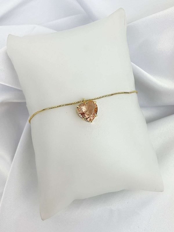 Pulseira Feminina Gravatinha Coração Rosa Semijoia Ouro 18K