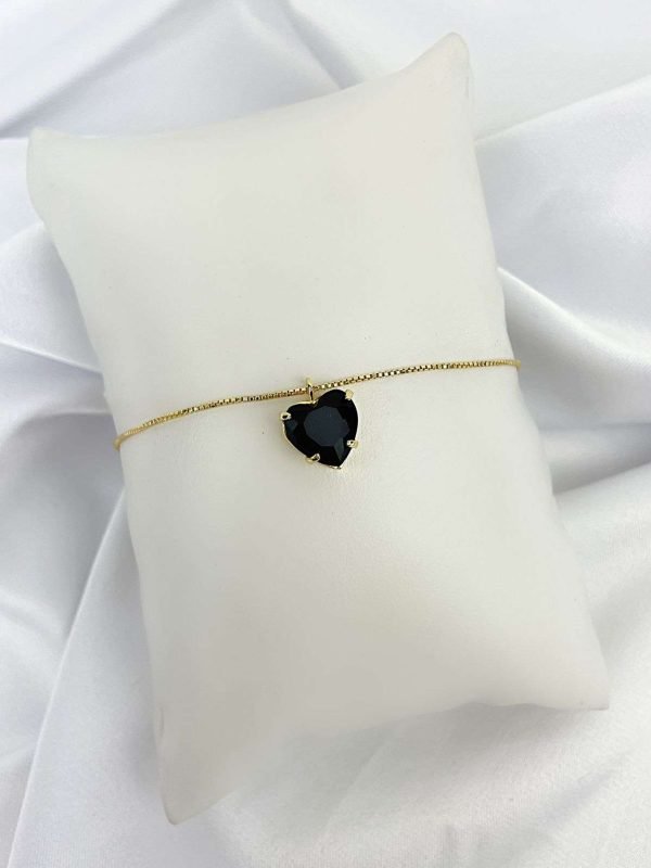 Pulseira Feminina Gravatinha Coração Preto Semijoia Ouro 18K